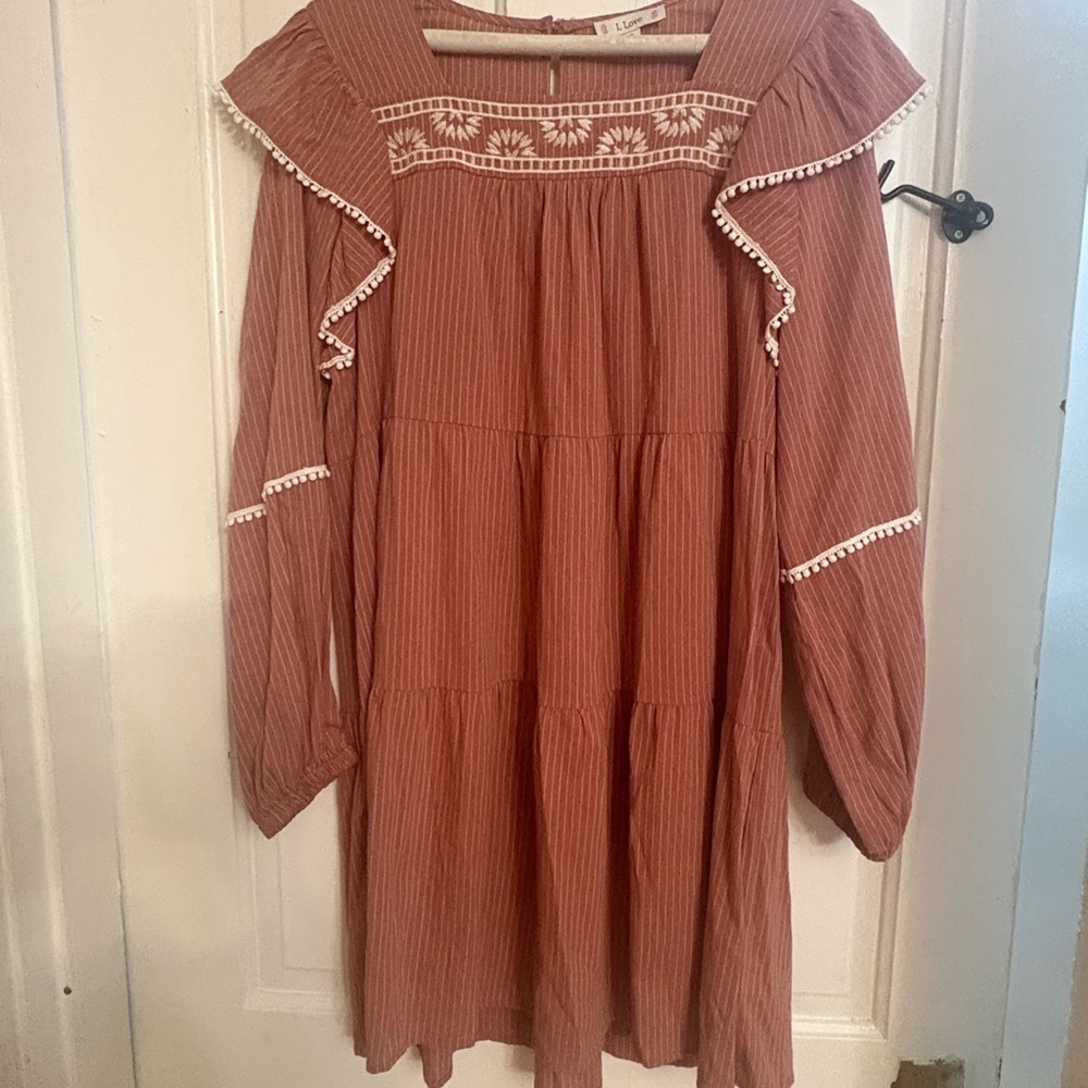 Rust Pink Embroidered Tiered Dress